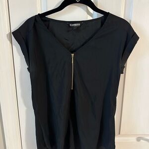 Express Black V-Neck Top with Gold Zipper
